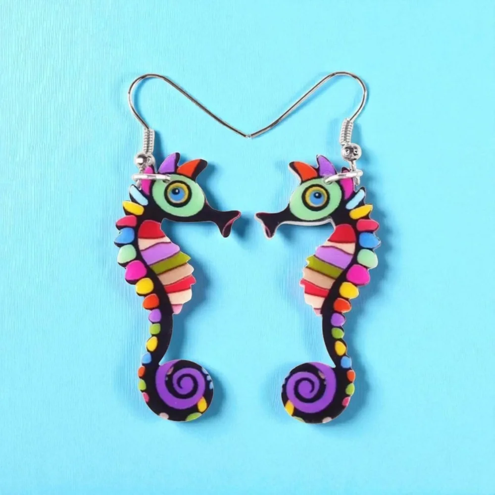 Cute Colorful Seahorse Design Dangle Earrings Bohemian Ocean Style‎ Acrylic
